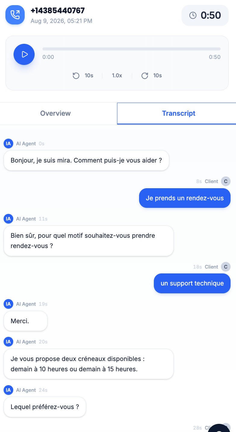La transcription d’un appel répondu par l’agent IA, avec l’enregistrement