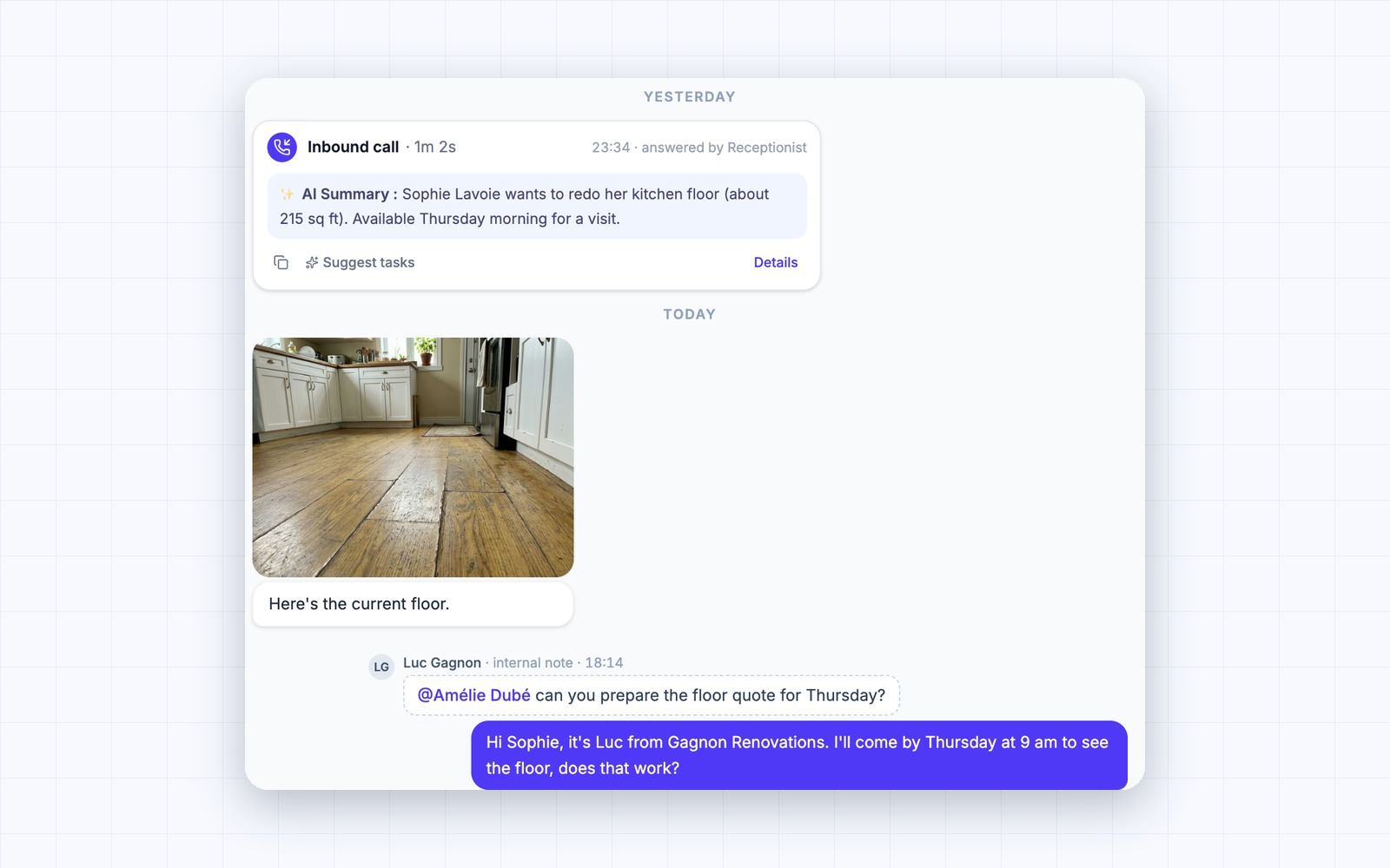 An AI call summary and an internal note mentioning a teammate