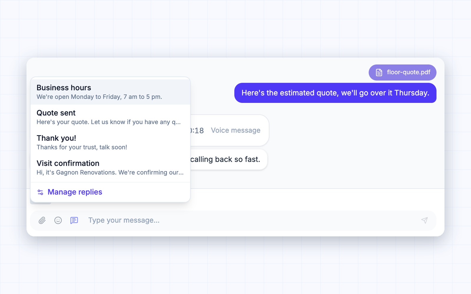 Saved replies open above the message box