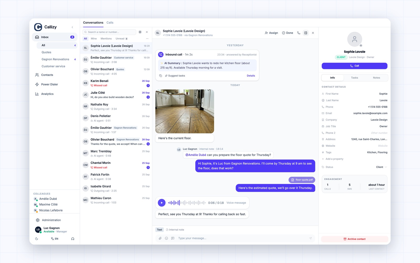 A Callizy conversation: call, photo, internal note, PDF and voice message