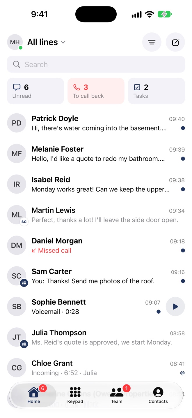 The Callizy app home: conversations from every line, including a voicemail
