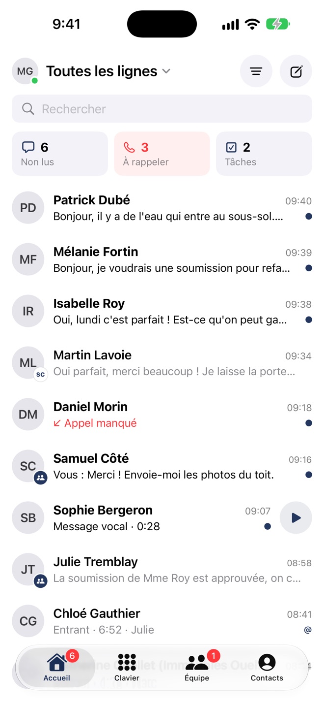 L’accueil de l’appli Callizy : les conversations de toutes les lignes, dont un message vocal