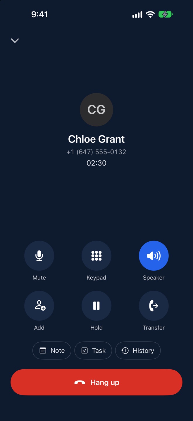 A call in progress in the Callizy app