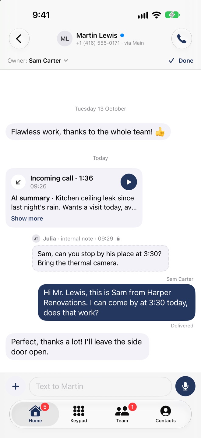 A customer conversation in the app: a call with its summary, an internal note and texts