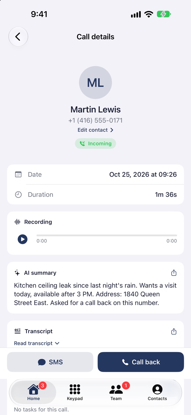 Call details in the app: the recording, the summary and the transcript
