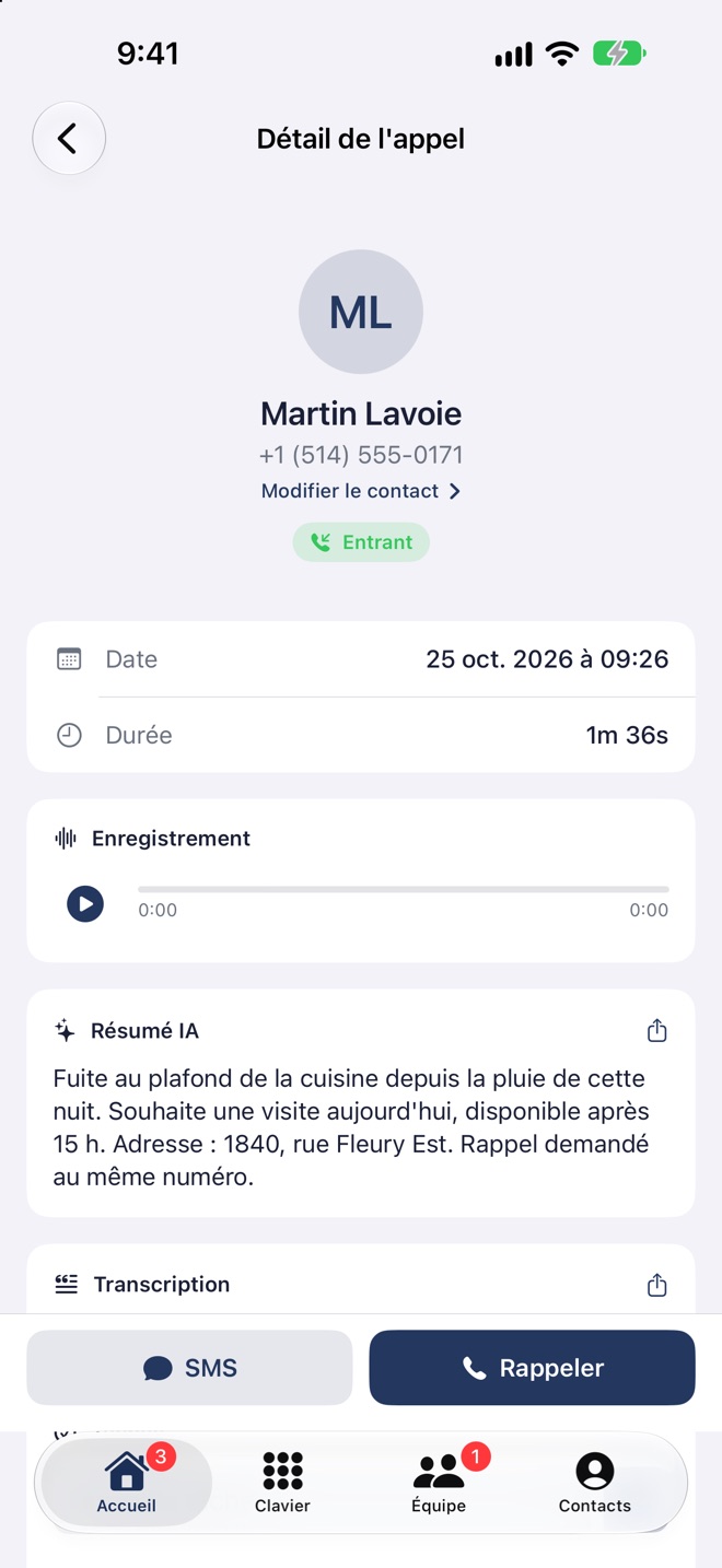 Le détail d’un appel dans l’appli : l’enregistrement, le résumé et la transcription