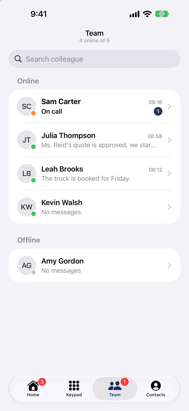 The app’s Team screen: who is online, who is on a call