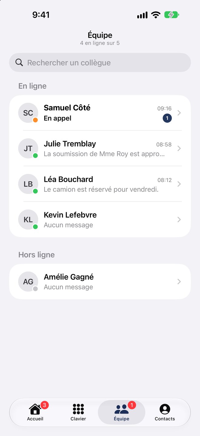 L’écran Équipe de l’appli : qui est en ligne, qui est en appel