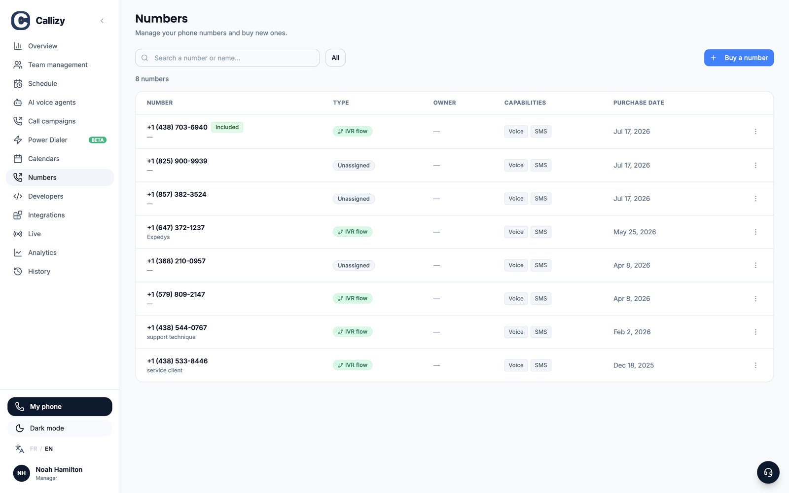 The Callizy Numbers page: your lines, their type and capabilities