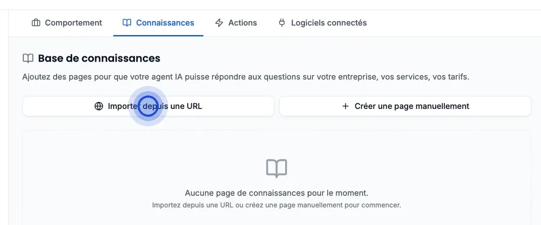 An AI agent’s “Knowledge” tab, with an empty “Knowledge base” section and the cursor on the “Import from a URL” button, next to “Create a page manually”.