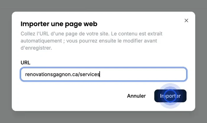 The “Import a web page” window: the “URL” field holds the address of a website page, and the “Import” button is highlighted.