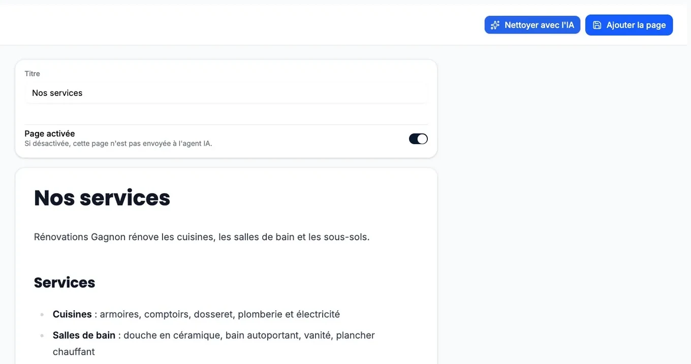 The AI agent knowledge page editor: a services page, the "Page enabled" switch turned on, and the "Clean with AI" and "Add page" buttons at the top.