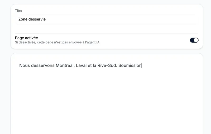 A knowledge page being written: the title “Zone desservie” (service area), the “Page enabled” switch turned on, and text listing the areas the business serves.