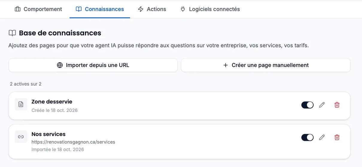 An agent’s “Knowledge” tab, “Knowledge base” section: two pages, one created manually and one imported from a website, each with its switch turned on.