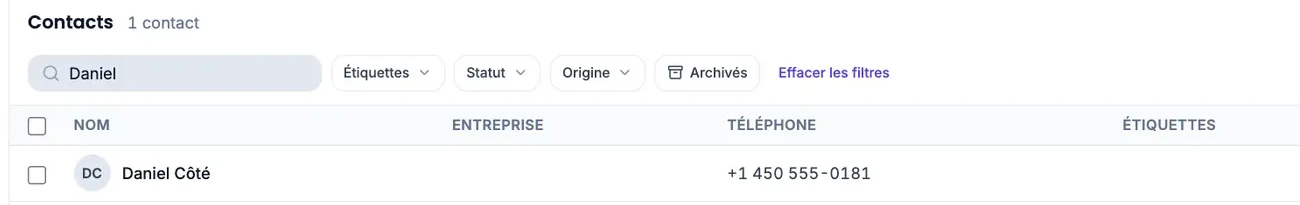 The Callizy “Contacts” page: a first name typed in the search leaves a single contact in the list, next to the “Tags”, “Status” and “Source” filters.