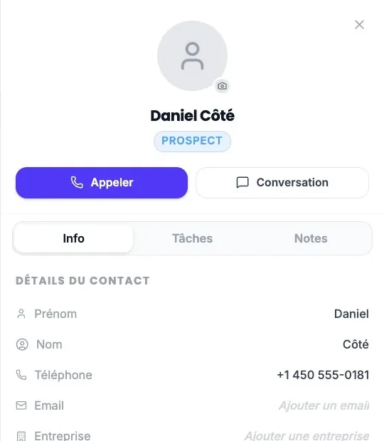 A contact’s card open in Callizy: the "Call" and "Conversation" buttons, the "Info", "Tasks" and "Notes" tabs, then the "Contact Details".