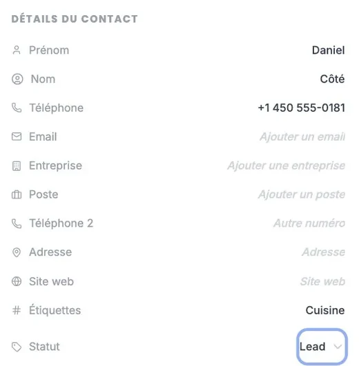 The “Contact Details” panel of a contact card: first name, last name, phone and tag filled in, other fields empty, and the outlined “Status” menu set to “Lead”.