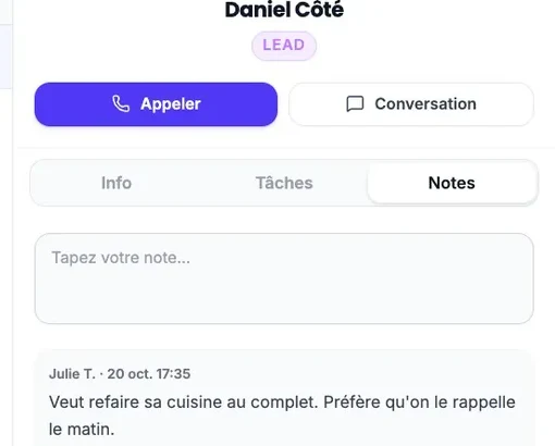 A contact’s record, “Notes” tab: the “Type your note...” field at the top, then a note already saved by a team member, with its date.