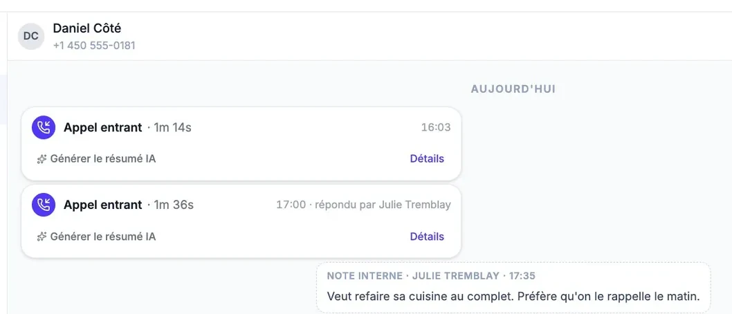 A contact’s conversation: two “Incoming call” entries, each with “Generate AI Summary” and “Details”, then an “Internal note” about the customer’s project.