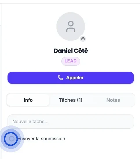 A contact’s record with the “Tasks (1)” tab: under “New task...”, the circle in front of the task “Send the quote” is clicked to check it off.
