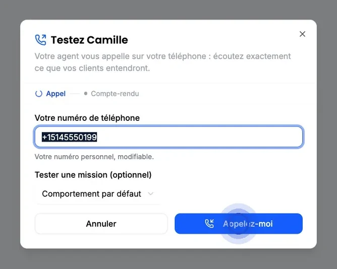 The test window for an AI agent: a number is entered under "Your phone number" and the "Call me" button is highlighted to receive the agent’s call.