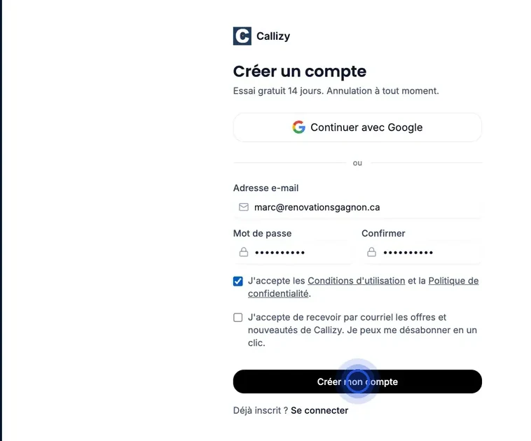 The Callizy "Create Account" page: the email and password are filled in, the terms are checked, and the "Create my account" button is highlighted.