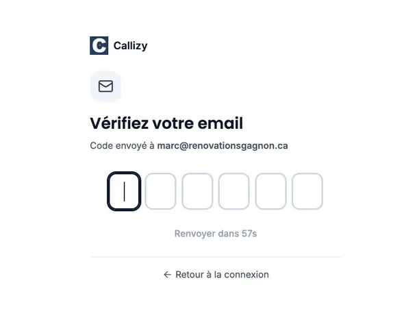 Callizy’s “Verify your email” screen: six boxes wait for the emailed code, the first one active, with “Resend in 57s” and “Back to login”.
