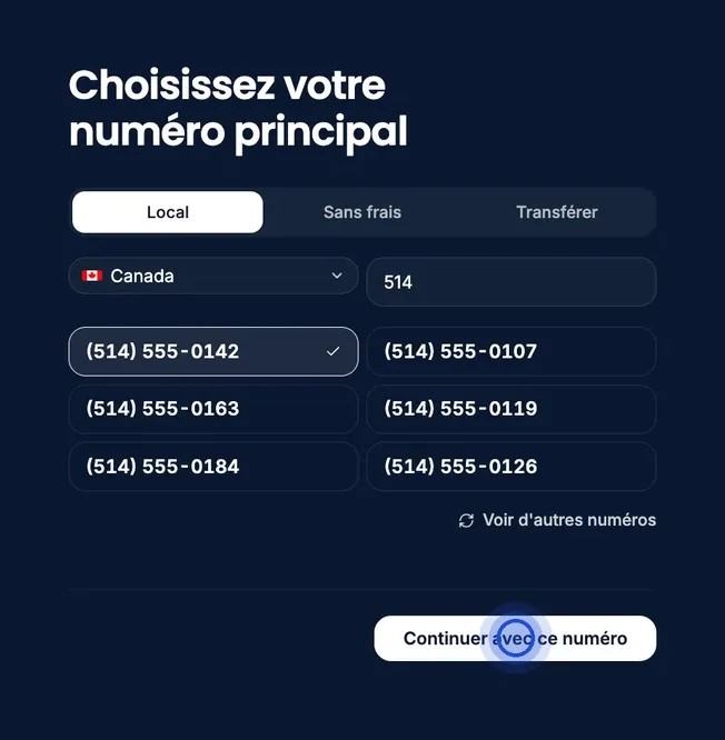 The “Choose your main number” screen: “Local” tab, Canada and an area code chosen, one number checked in the list, and the “Continue with this number” button highlighted.