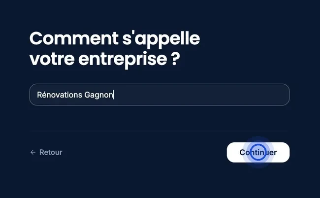 The "What’s your business called?" sign-up step: the business name is entered and the "Continue" button is highlighted.