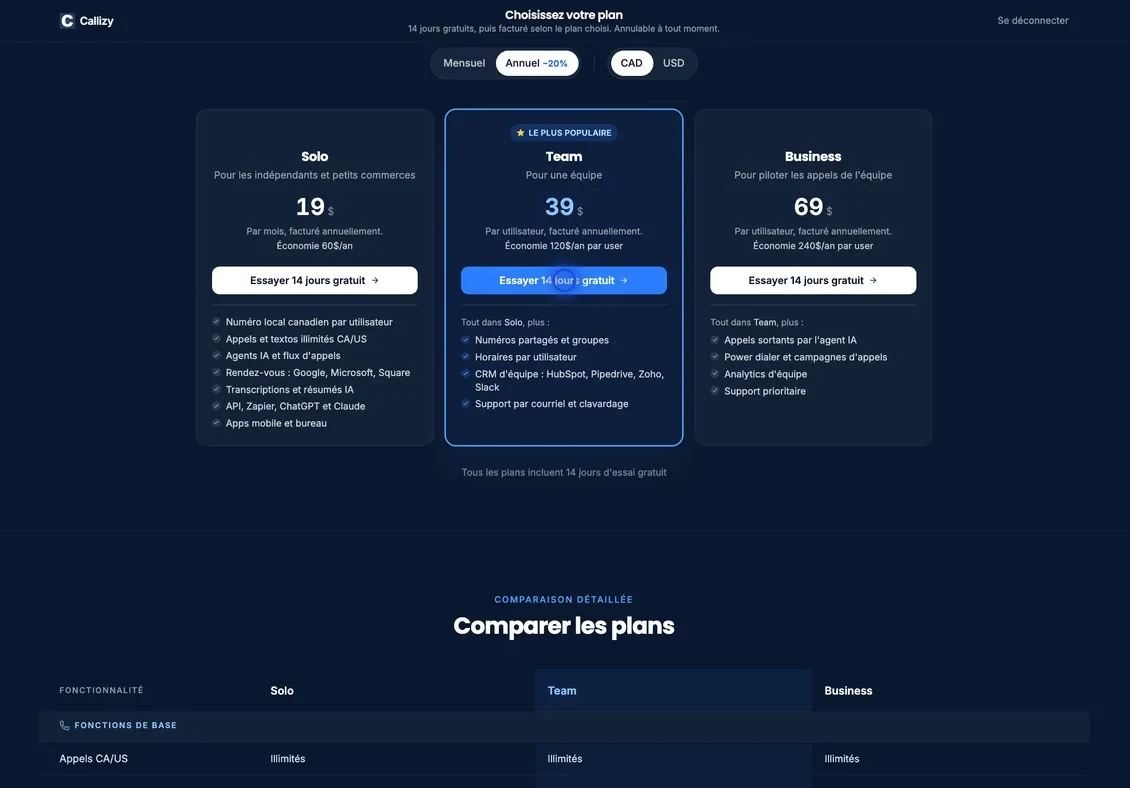 The “Choose your plan” page on “Yearly”: Solo, Team and Business plans, with the cursor on “Start 14-day free trial” for the Team plan, marked “Most popular”.
