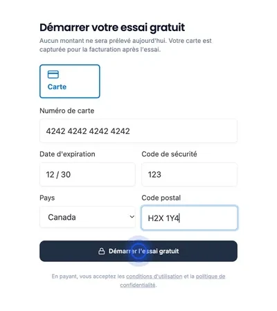 The “Start your free trial” form: card number, expiry date, security code, country and postal code are filled in, and the “Start free trial” button is highlighted.