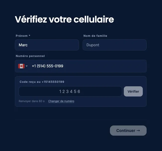 The "Verify your mobile phone" sign-up step: the first name and personal number are filled in, with a field for the received code and the "Verify" button.