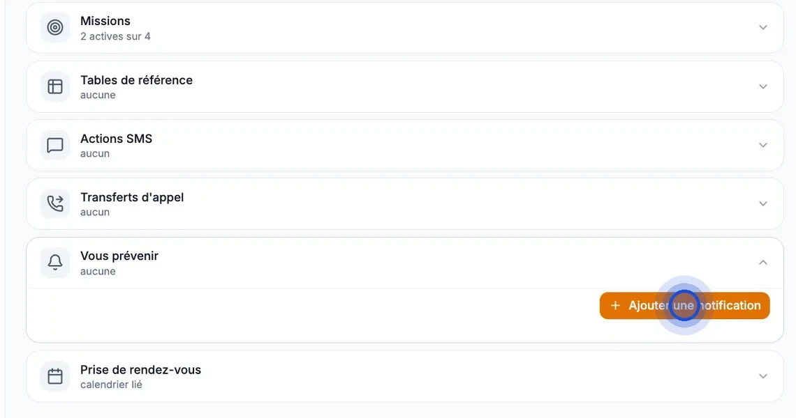 L’onglet des actions de l’agent IA : la section « Vous prévenir » est ouverte, sans notification, et le bouton orange « Ajouter une notification » est pointé.