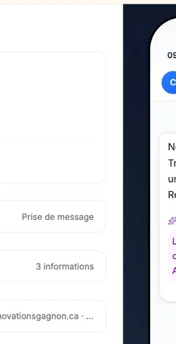 Une partie du formulaire de notification d’un agent : les lignes « Prise de message » et « 3 informations », à côté d’un aperçu de téléphone coupé au bord de l’image.