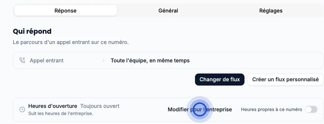 L’onglet « Réponse » d’un numéro dans le tableau de bord Callizy : la ligne « Heures d’ouverture » indique « Toujours ouvert », et le curseur est sur « Modifier pour l’entreprise ».