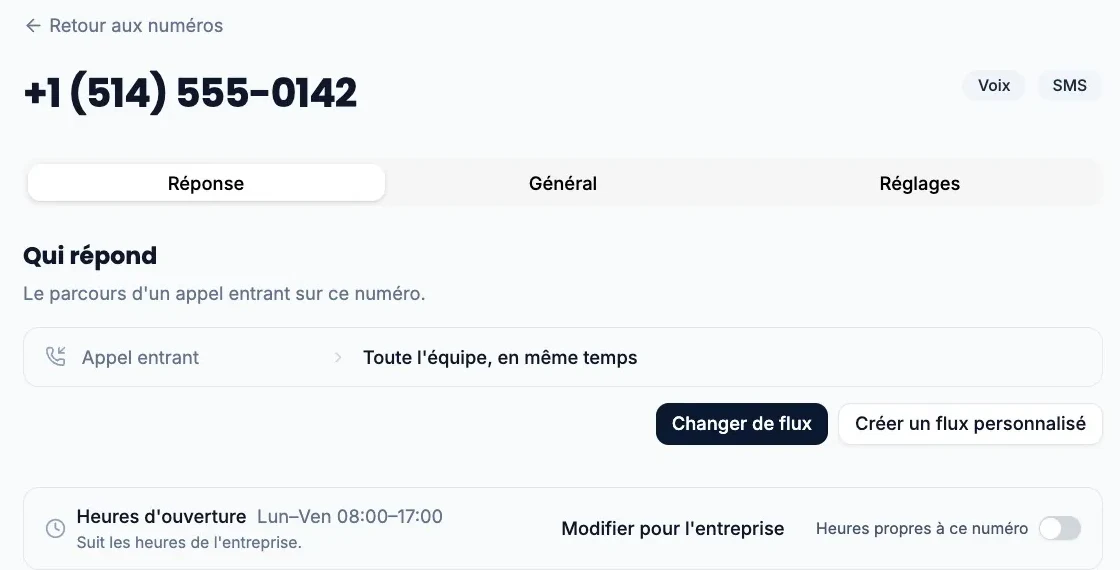 La page d’un numéro, onglet « Réponse » : la ligne « Heures d’ouverture » affiche du lundi au vendredi, de 8 h à 17 h, et suit les heures de l’entreprise.