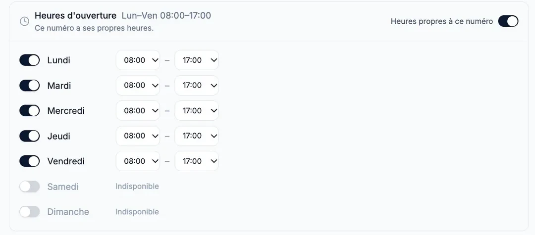 La section « Heures d’ouverture » d’un numéro : l’interrupteur « Heures propres à ce numéro » est activé, du lundi au vendredi de 08:00 à 17:00, samedi et dimanche « Indisponible ».