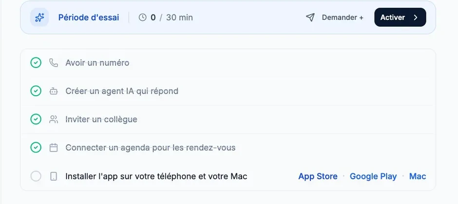 The getting started list under “Trial period”: four steps checked, then “Install the app on your phone and your Mac” with “App Store”, “Google Play” and “Mac” links.