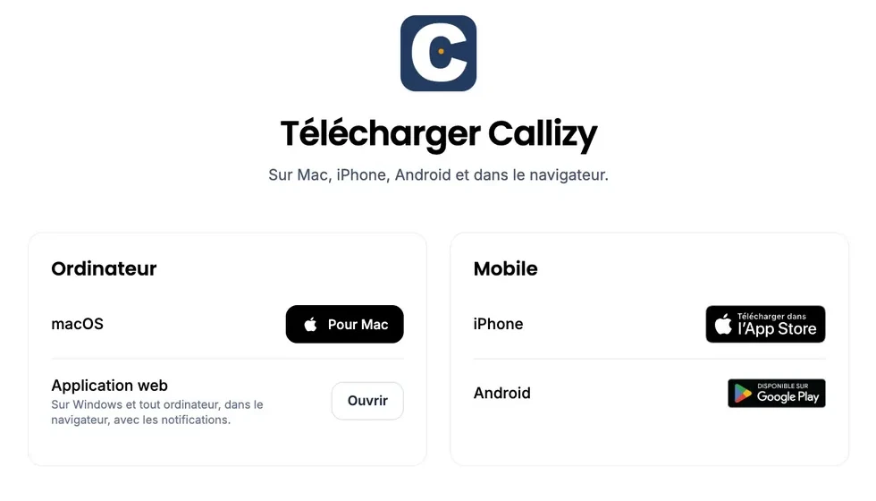 The “Download Callizy” page: on the left, “Computer” with the “Download for Mac” button and the “Web app”; on the right, “Mobile” with the App Store and Google Play.