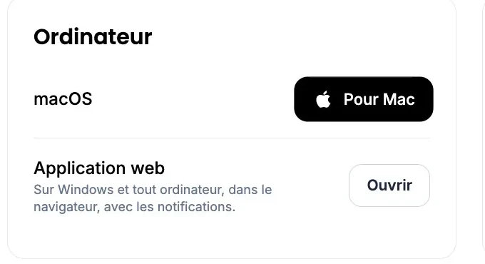 The “Computer” block of the apps page: the “Download for Mac” button for macOS, and the “Open” button of the “Web app”, for Windows and any computer.