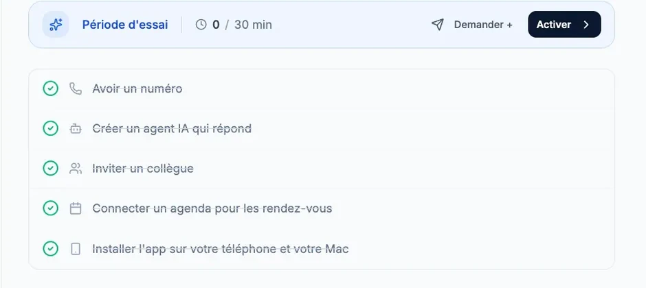 The checklist on the "Get started" screen: all five steps are checked, down to "Install the app on your phone and your Mac", below the "Trial period" banner.