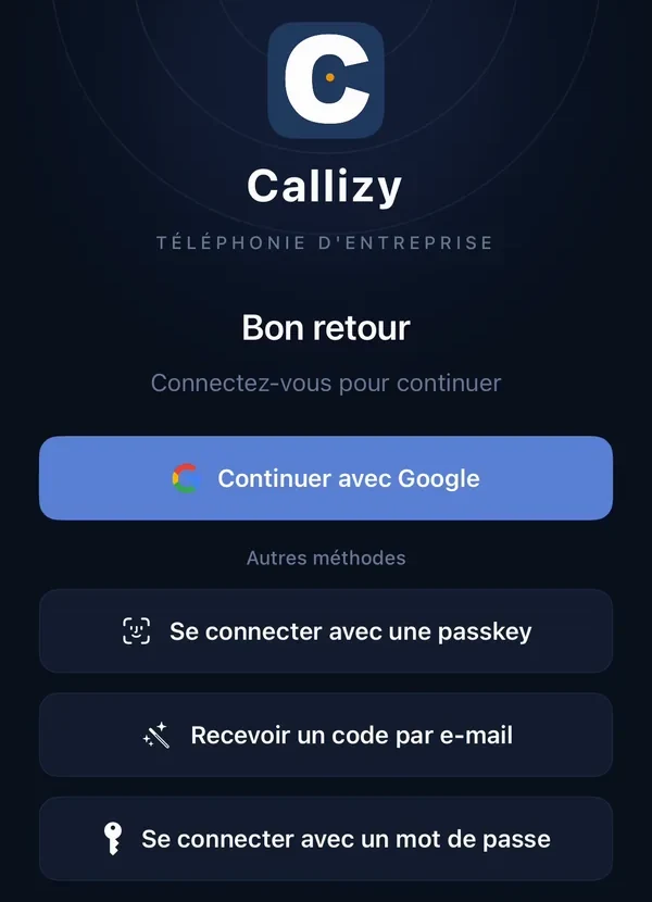 The Callizy iPhone app sign-in screen, "Welcome back": the "Continue with Google" button, then a passkey, a code by email or a password.