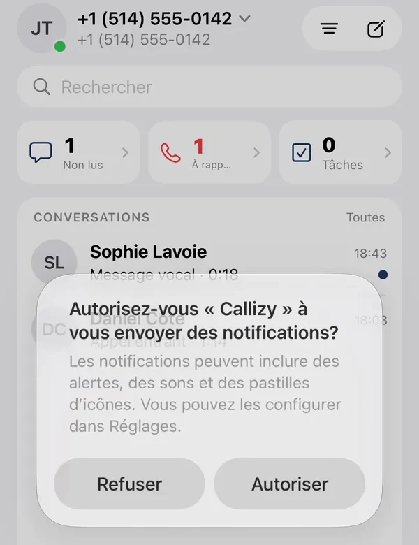 The Callizy app on iPhone: the system window asks whether Callizy may send notifications, with “Don’t Allow” and “Allow” buttons, over the home screen and its conversations.