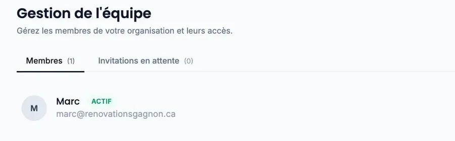 L’écran « Gestion de l’équipe » de Callizy : l’onglet « Membres » compte une personne, marquée « Actif », et l’onglet « Invitations en attente » est vide.