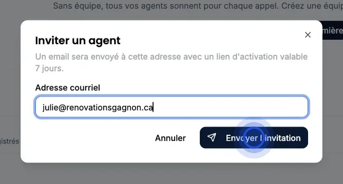 La fenêtre « Inviter un agent » annonce un lien d’activation valable 7 jours ; une adresse est saisie dans « Adresse courriel » et le curseur est sur « Envoyer l’invitation ».