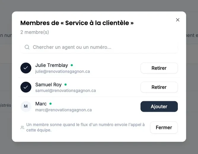 La fenêtre des membres de l’équipe « Service à la clientèle » : deux agents cochés avec « Retirer », un troisième avec « Ajouter », et le bouton « Fermer ».