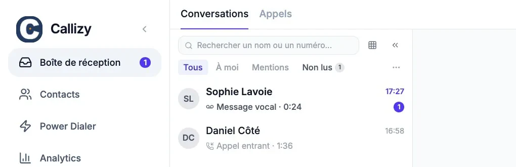 The Callizy "Inbox", with a badge of 1 in the menu: at the top of the list, an unread "Voicemail" from a contact.