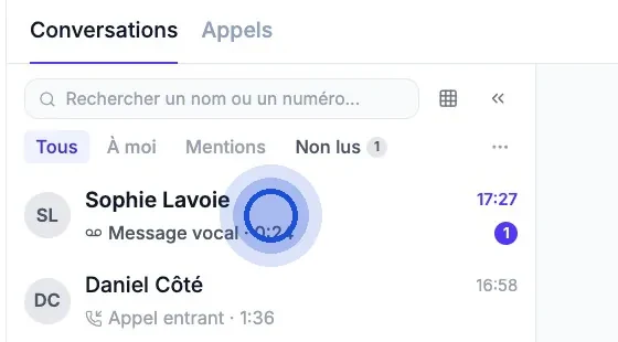 The “Conversations” list in the dashboard, with the cursor on an unread conversation showing “Voicemail”, above an incoming call.