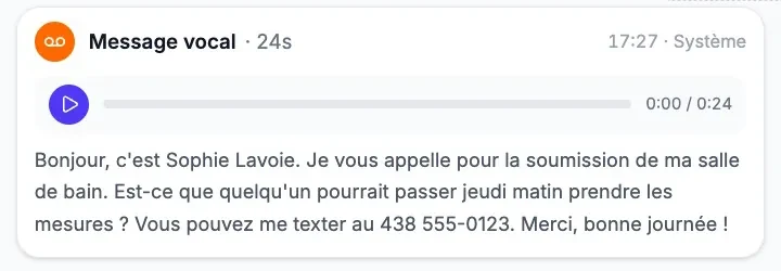A 24-second “Voicemail” card: the audio player, then the written transcript of the message left by a contact.