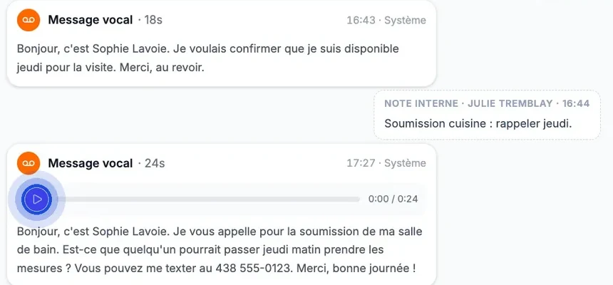 A conversation thread with two transcribed voicemails and an "Internal note": the play button on the latest "Voicemail" is highlighted.